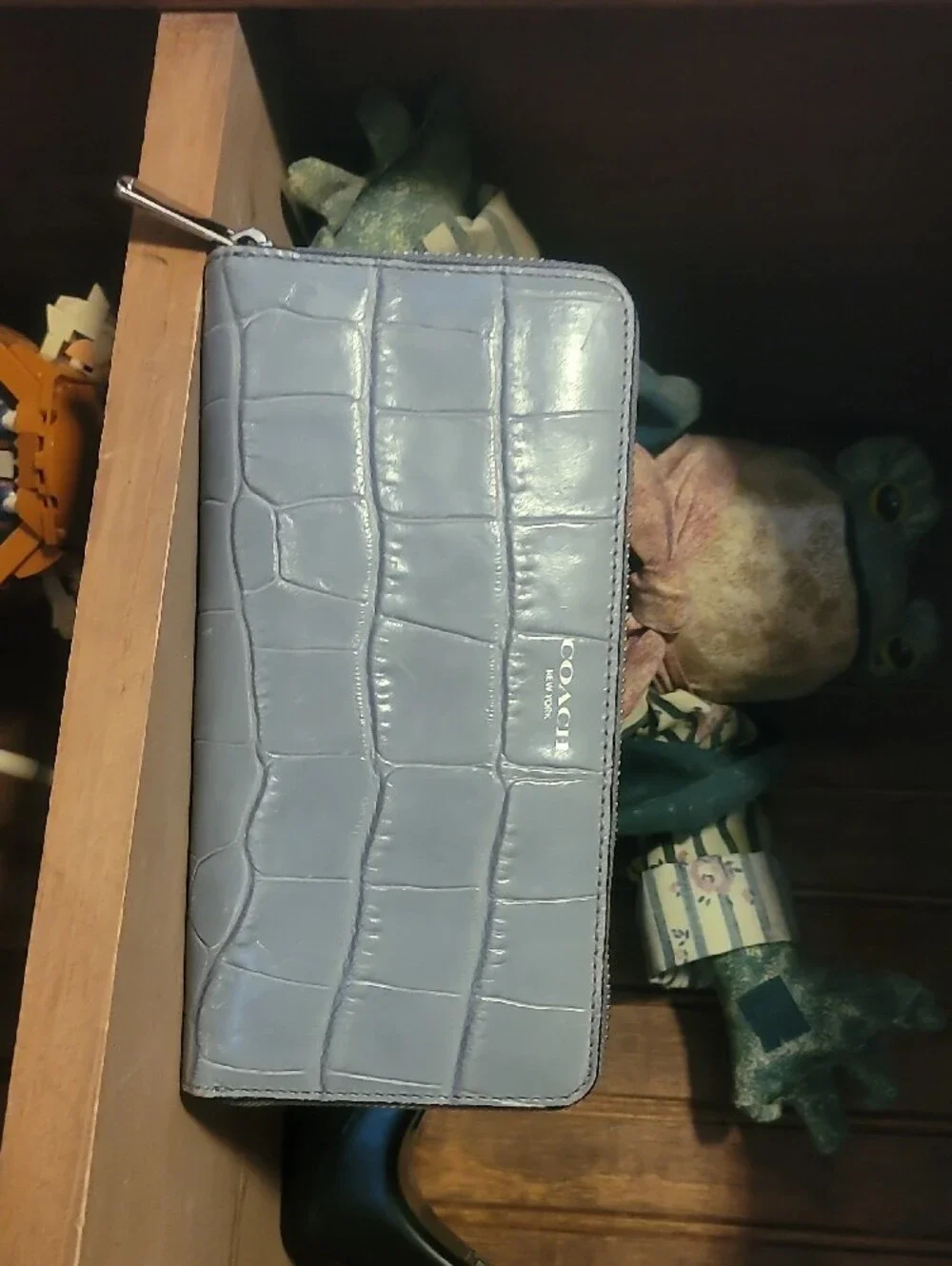 Coach Light Gray Croc-Embossed Zip Wallet